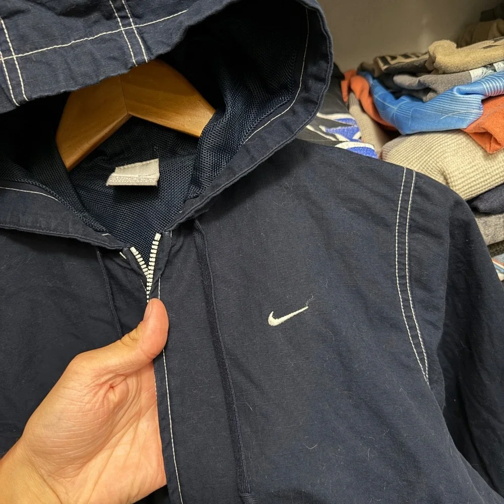 Vintage Nike Jacket Boys S Navy Blue Anorak Half Zip Contrast Stitch Hooded